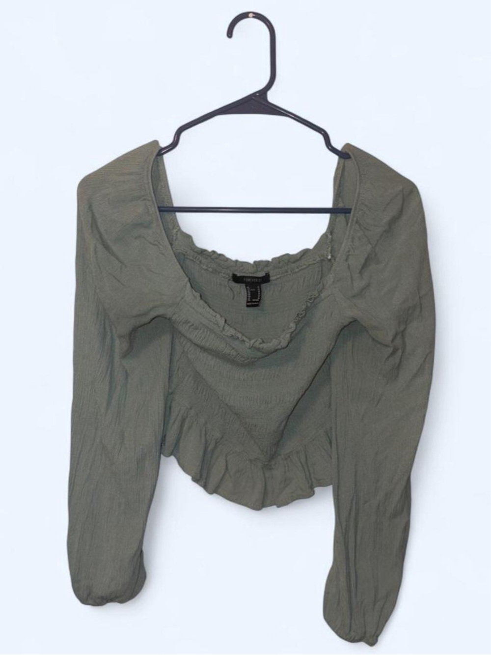 Forever 21 Sage Green Cropped Long Sleeve Top with Ruffles